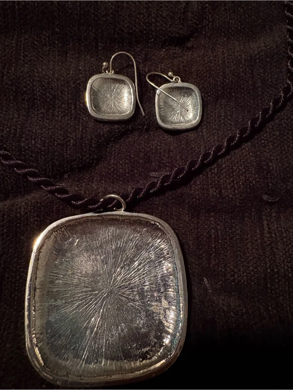 Black and Silver Abstract Pendant Necklace with Matching Earrings